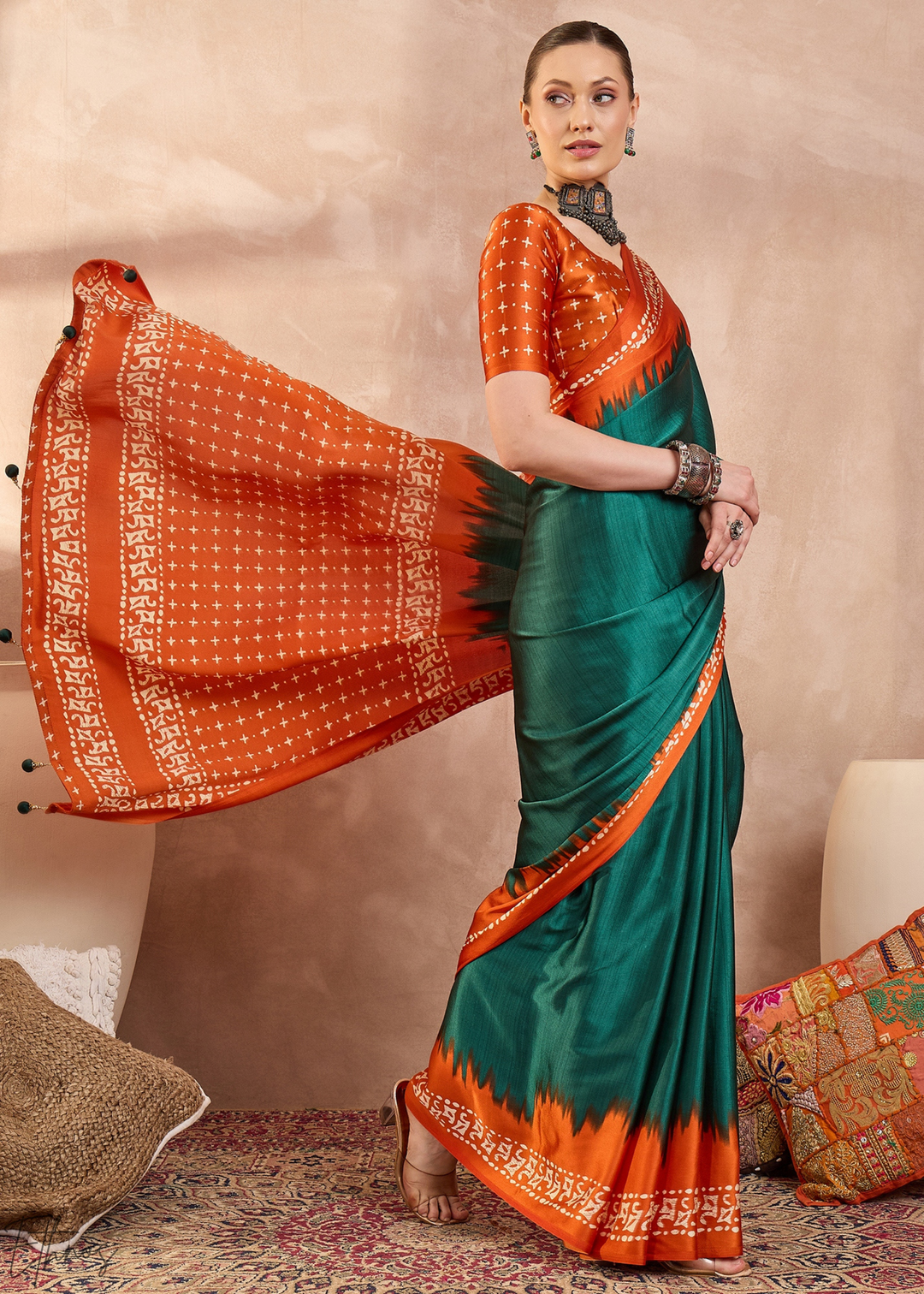 Emerald Malachite Modal Silk Bandhani Border Saree