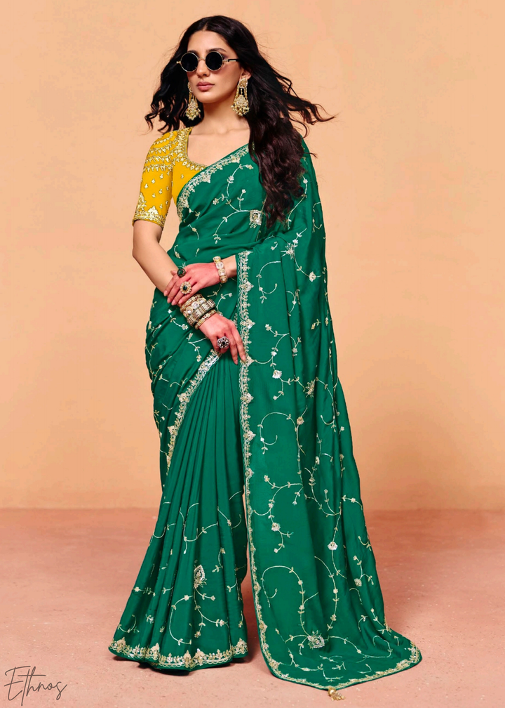 Emerald Peacock-Tail Tissue Silk Saree