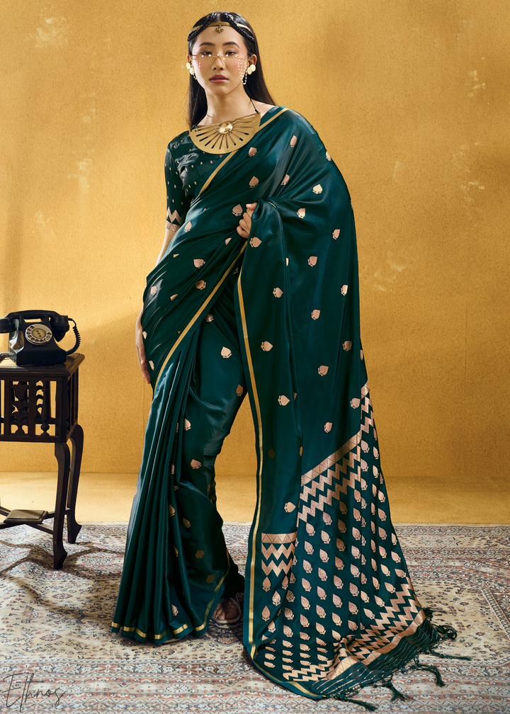 Emerald Peacock Leheriya Chevron Satin Saree