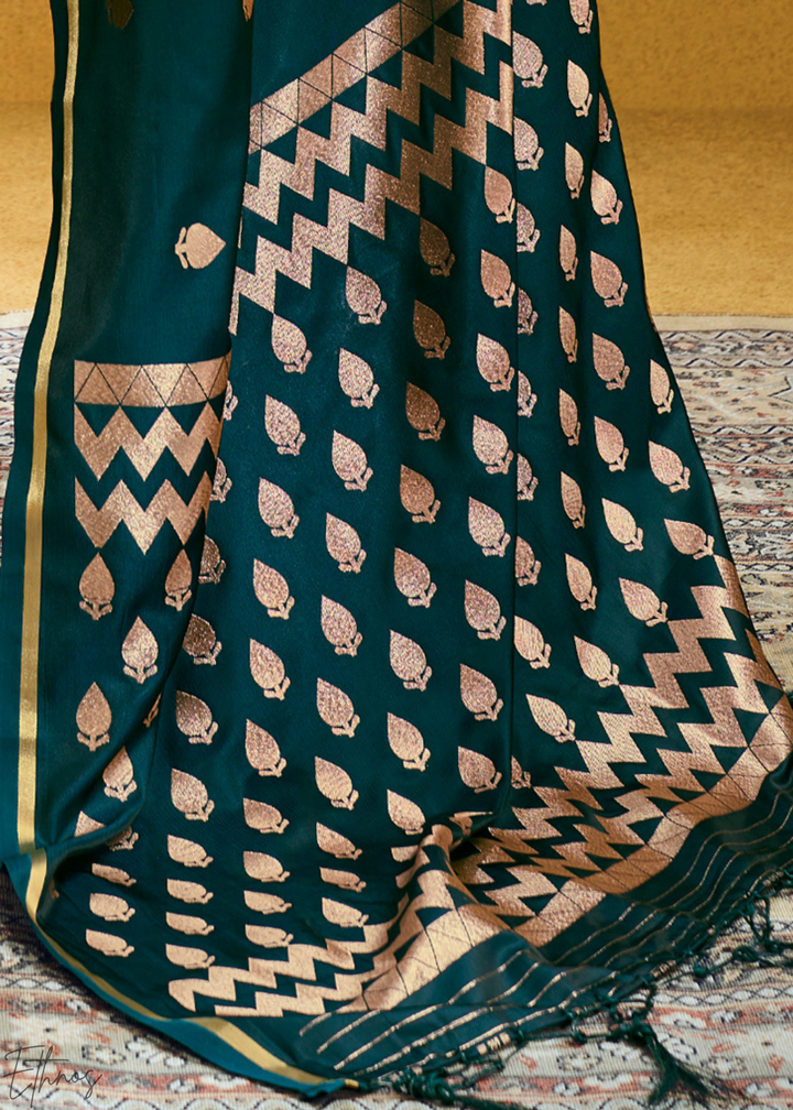 Emerald Peacock Leheriya Chevron Satin Saree