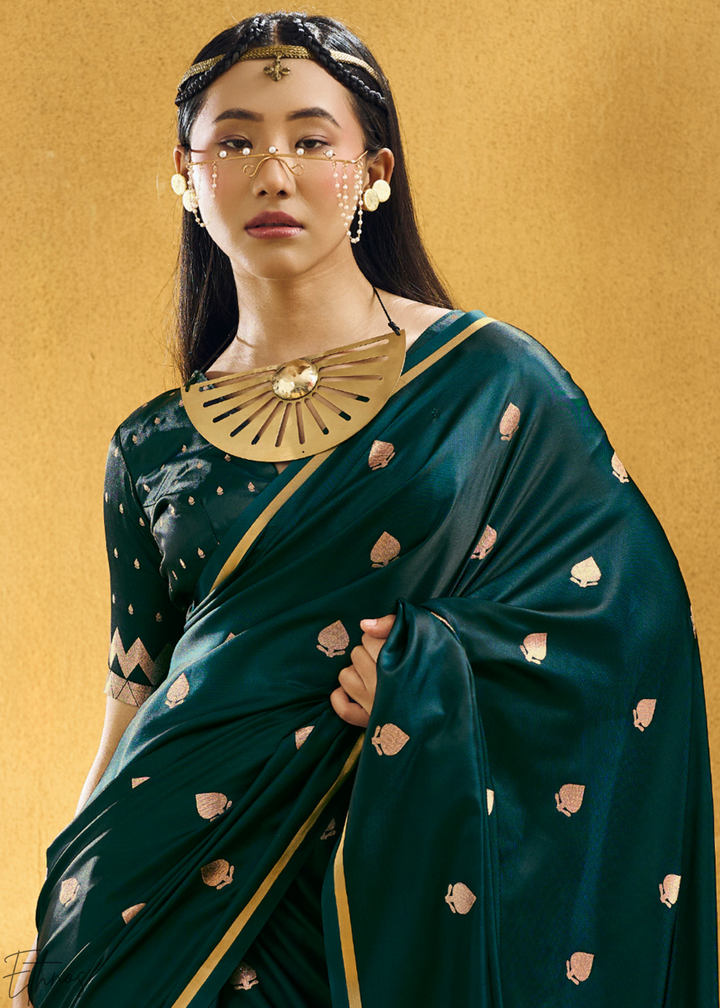 Emerald Peacock Leheriya Chevron Satin Saree