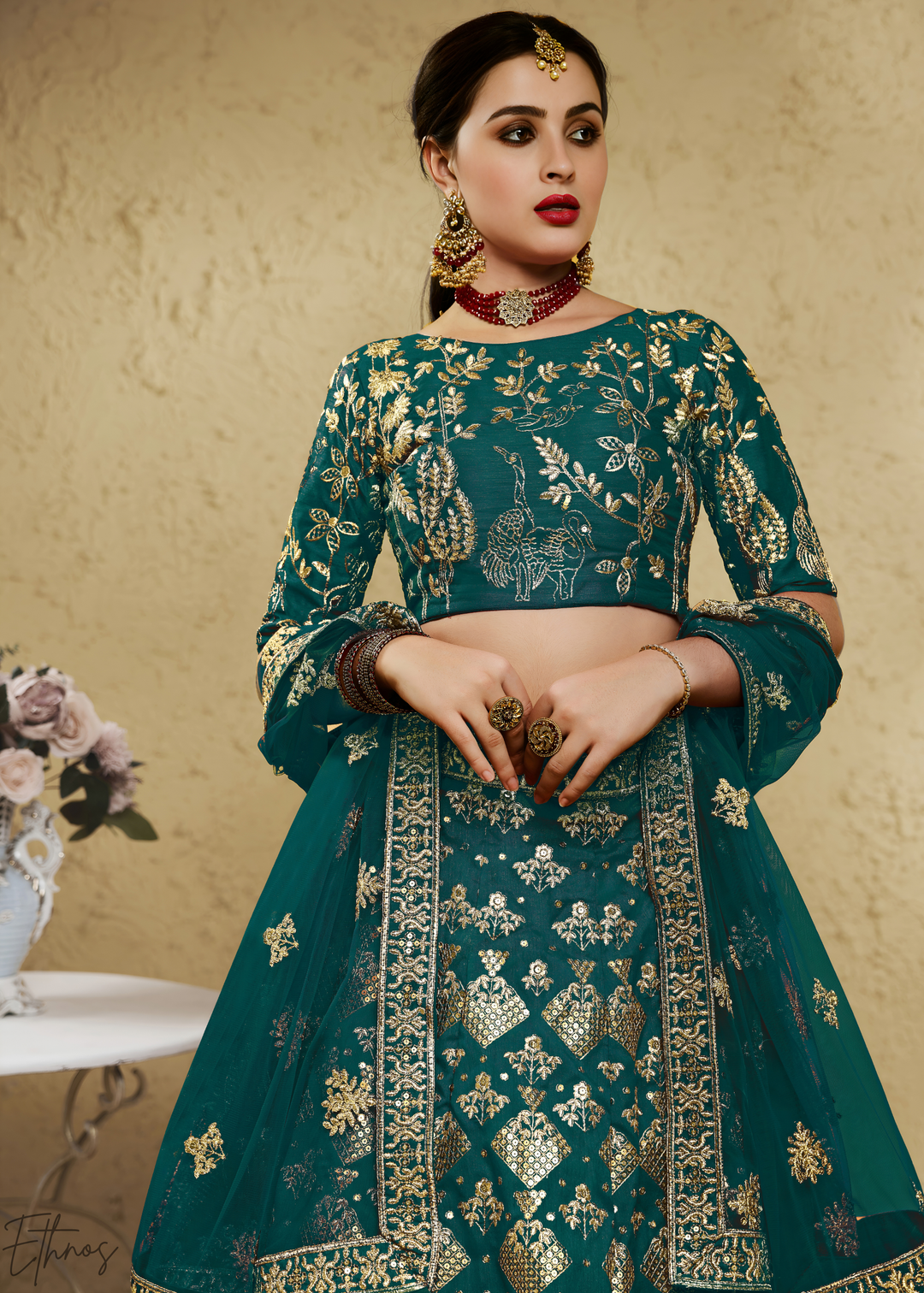 Emerald Persian Paisley Gilded Silk Lehenga
