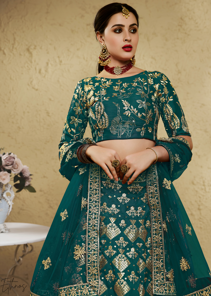 Emerald Persian Paisley Gilded Silk Lehenga