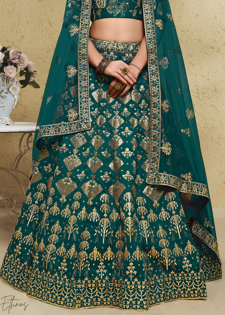 Emerald Persian Paisley Gilded Silk Lehenga