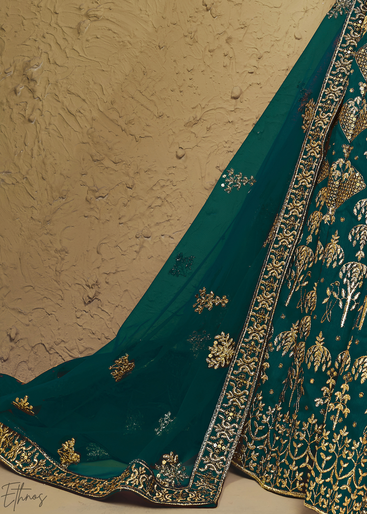 Emerald Persian Paisley Gilded Silk Lehenga