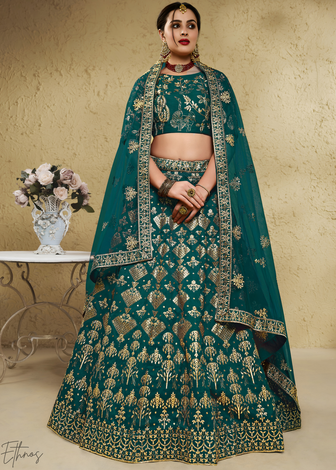 Emerald Persian Paisley Gilded Silk Lehenga
