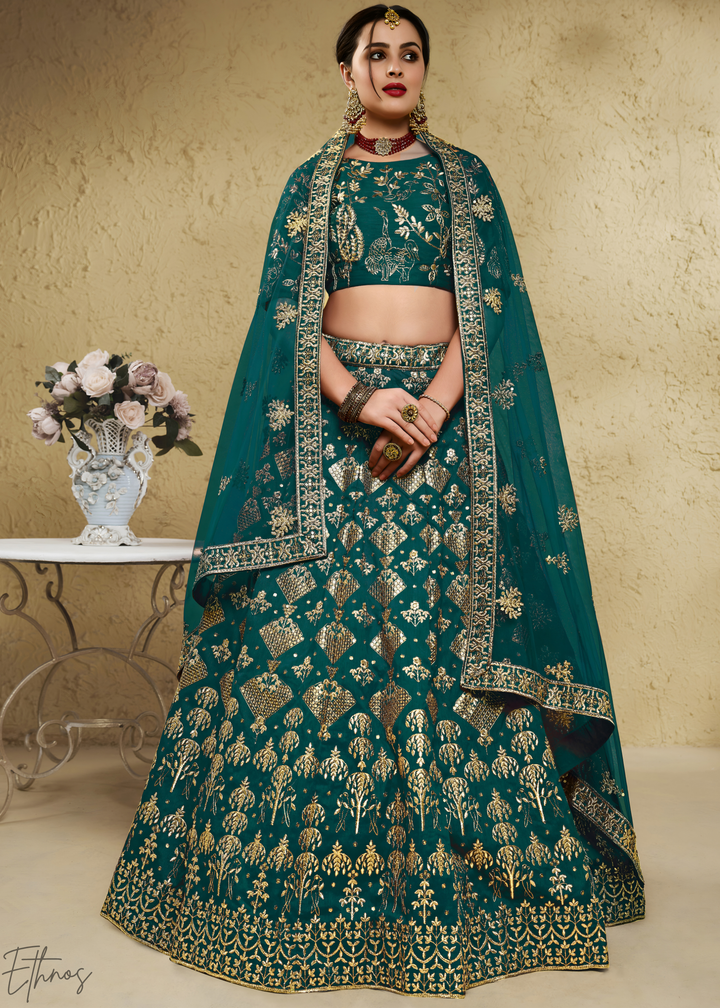 Emerald Persian Paisley Gilded Silk Lehenga