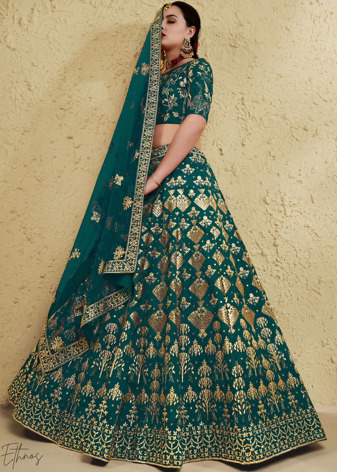 Emerald Persian Paisley Gilded Silk Lehenga