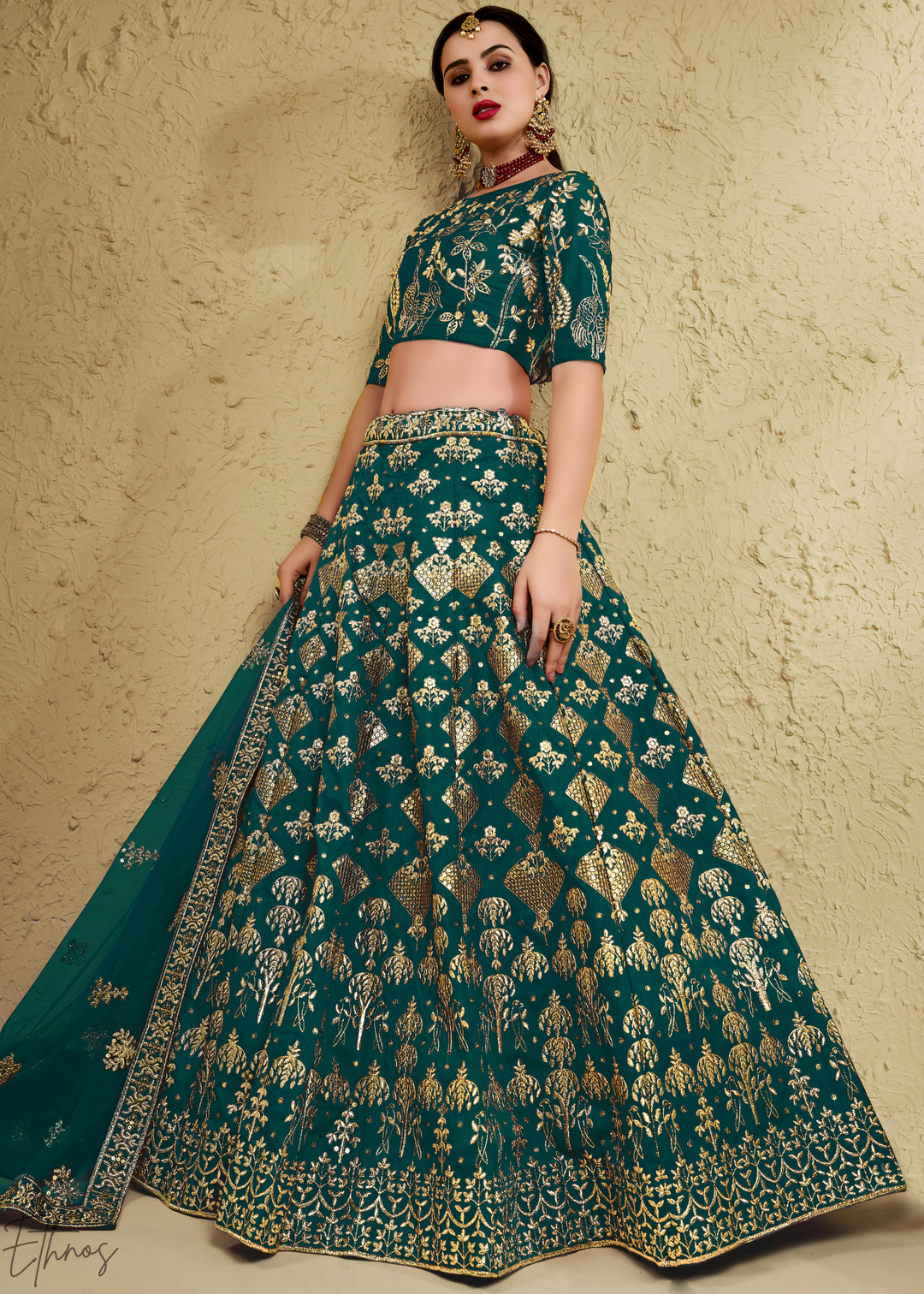 Emerald Persian Paisley Gilded Silk Lehenga