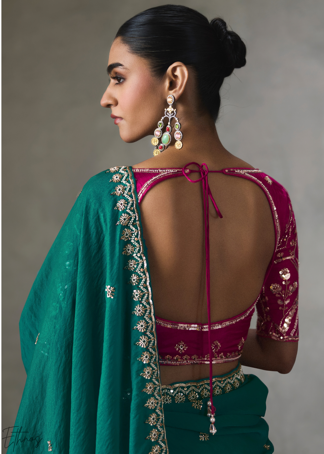 Emerald Floral Scallop Beaded Border Silk Saree