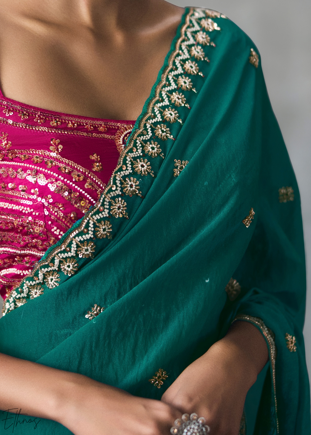 Emerald Floral Scallop Beaded Border Silk Saree