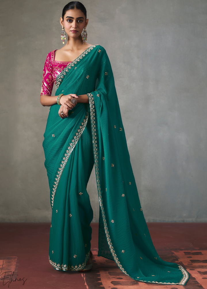 Emerald Floral Scallop Beaded Border Silk Saree