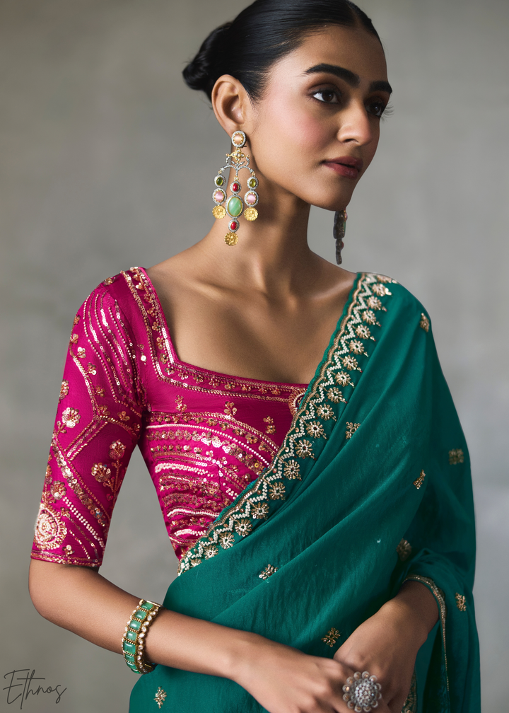 Emerald Floral Scallop Beaded Border Silk Saree