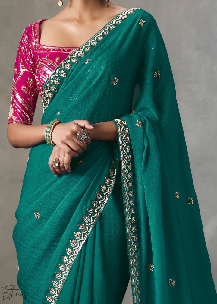 Emerald Floral Scallop Beaded Border Silk Saree