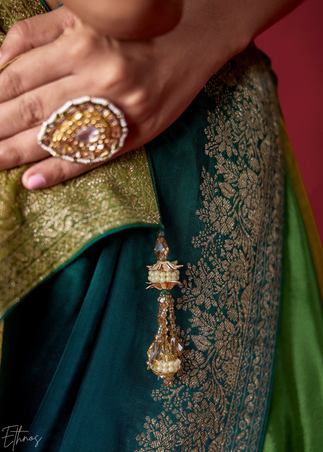 Emerald Textured Chevron Ombre Dola Silk Saree
