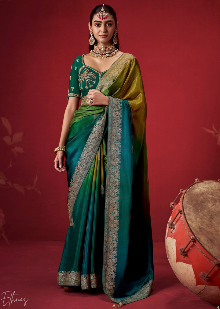 Emerald Textured Chevron Ombre Dola Silk Saree