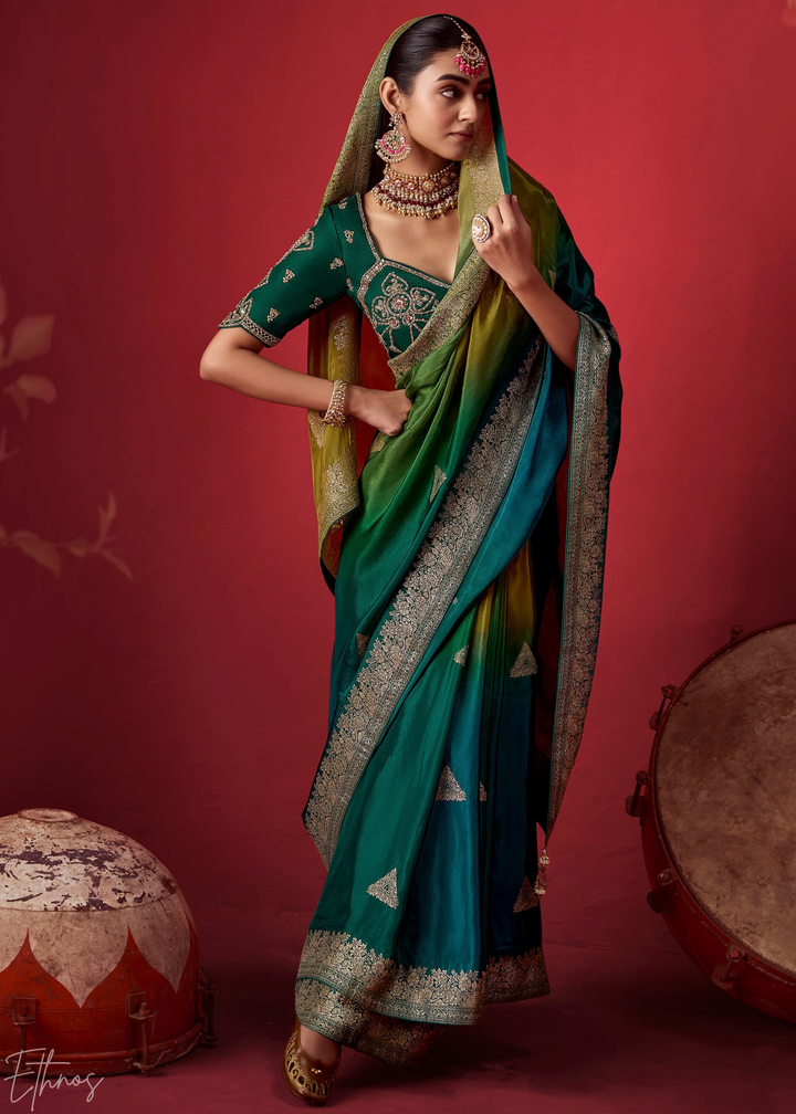 Emerald Textured Chevron Ombre Dola Silk Saree
