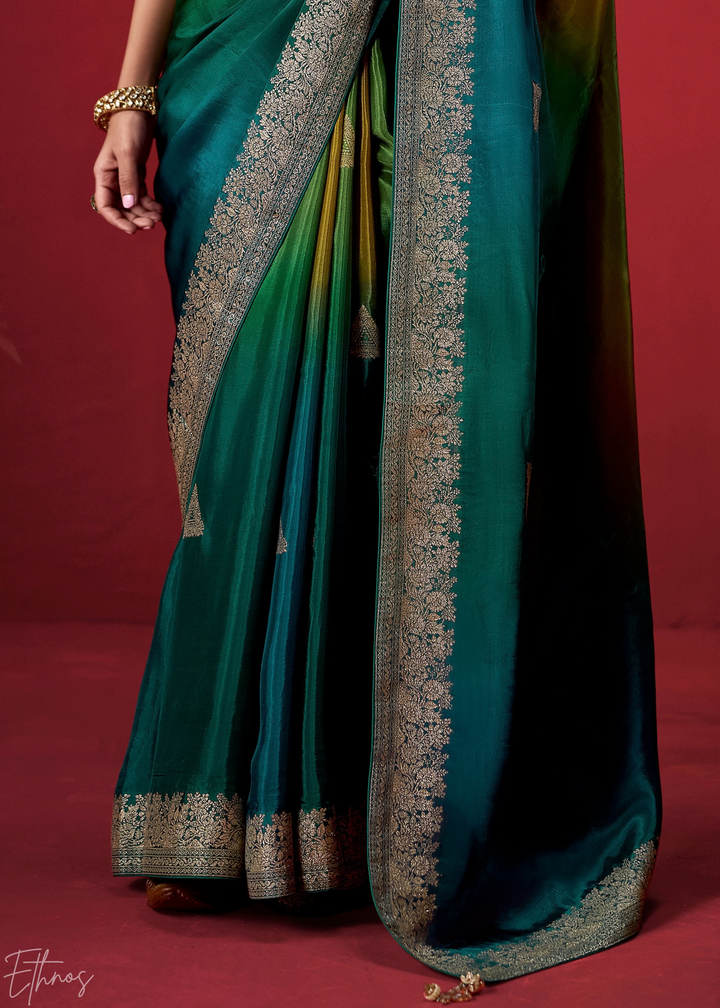 Emerald Textured Chevron Ombre Dola Silk Saree