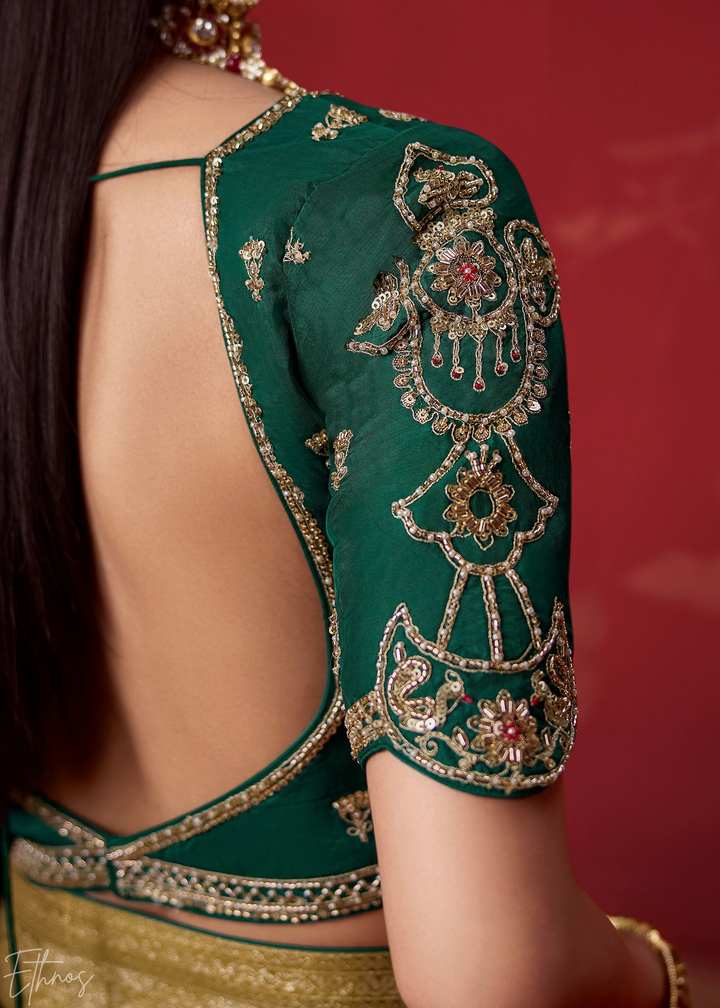 Emerald Textured Chevron Ombre Dola Silk Saree