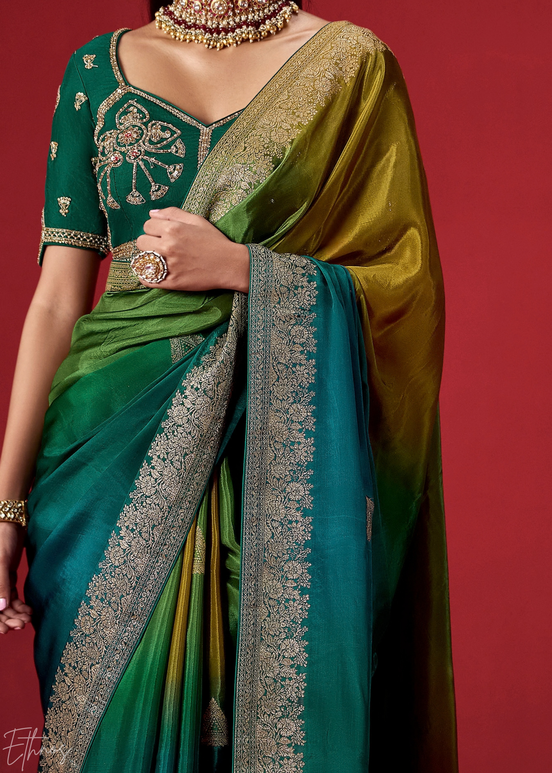 Emerald Textured Chevron Ombre Dola Silk Saree