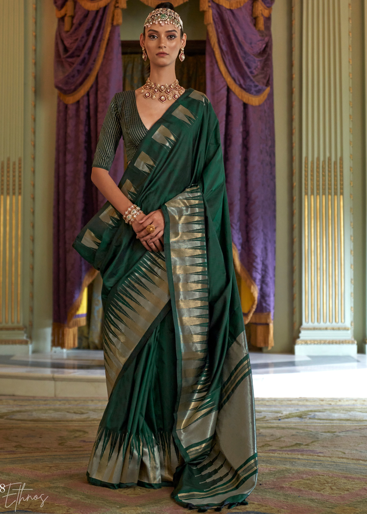 Emerald Forest Metallic Temple Wave Silk Saree