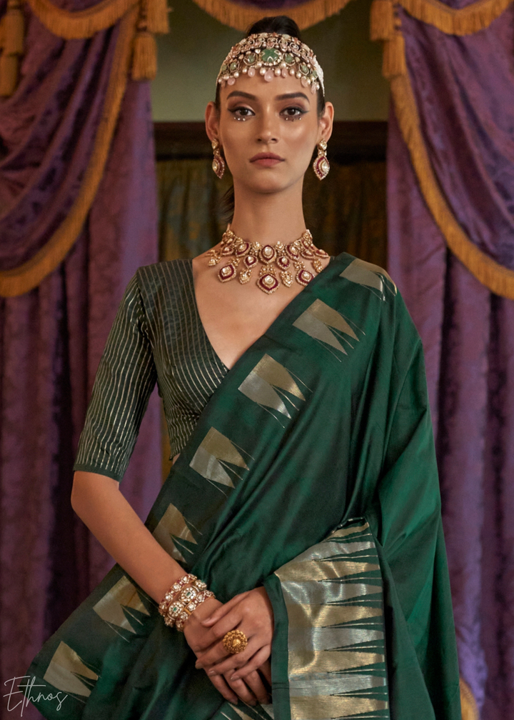 Emerald Forest Metallic Temple Wave Silk Saree