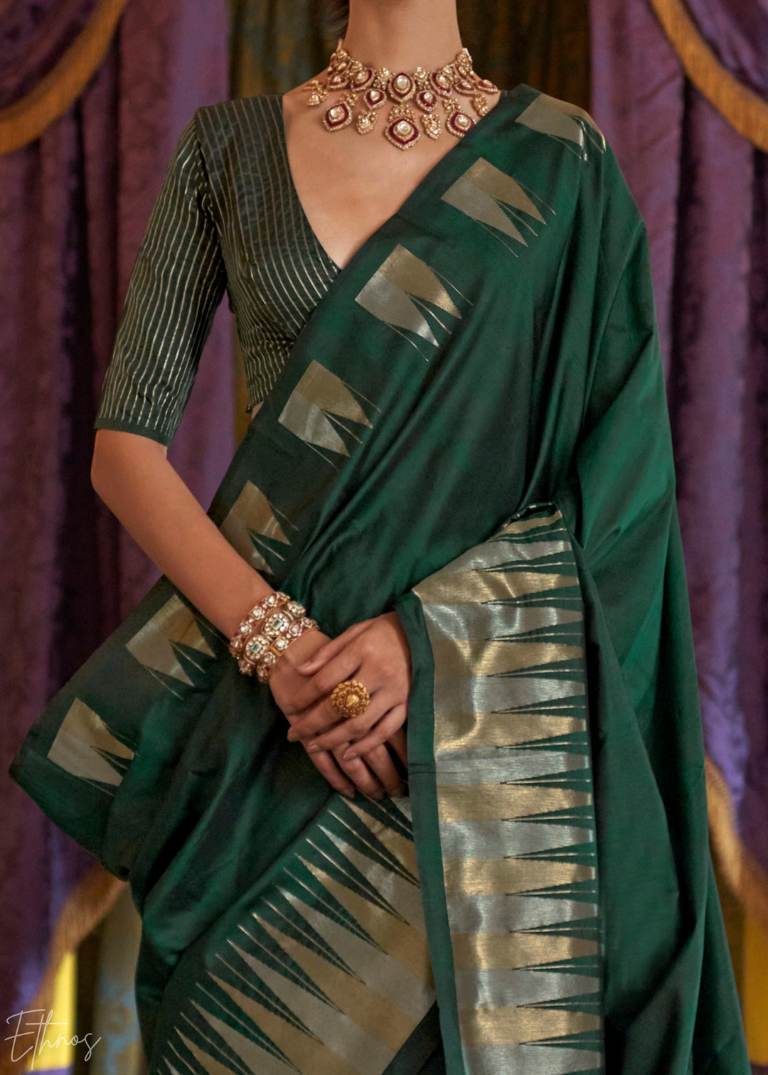 Emerald Forest Metallic Temple Wave Silk Saree