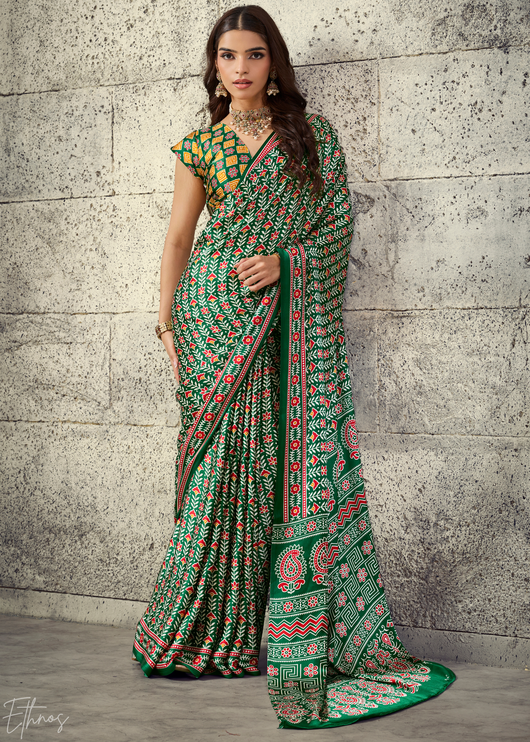 Emerald Green Ajrakh Printed Modal Satin Saree