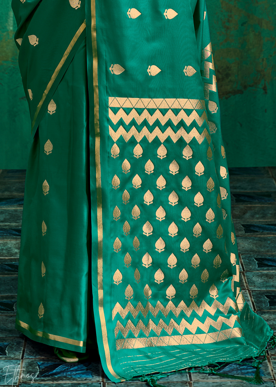 Emerald Green Leheriya Chevron Satin Saree