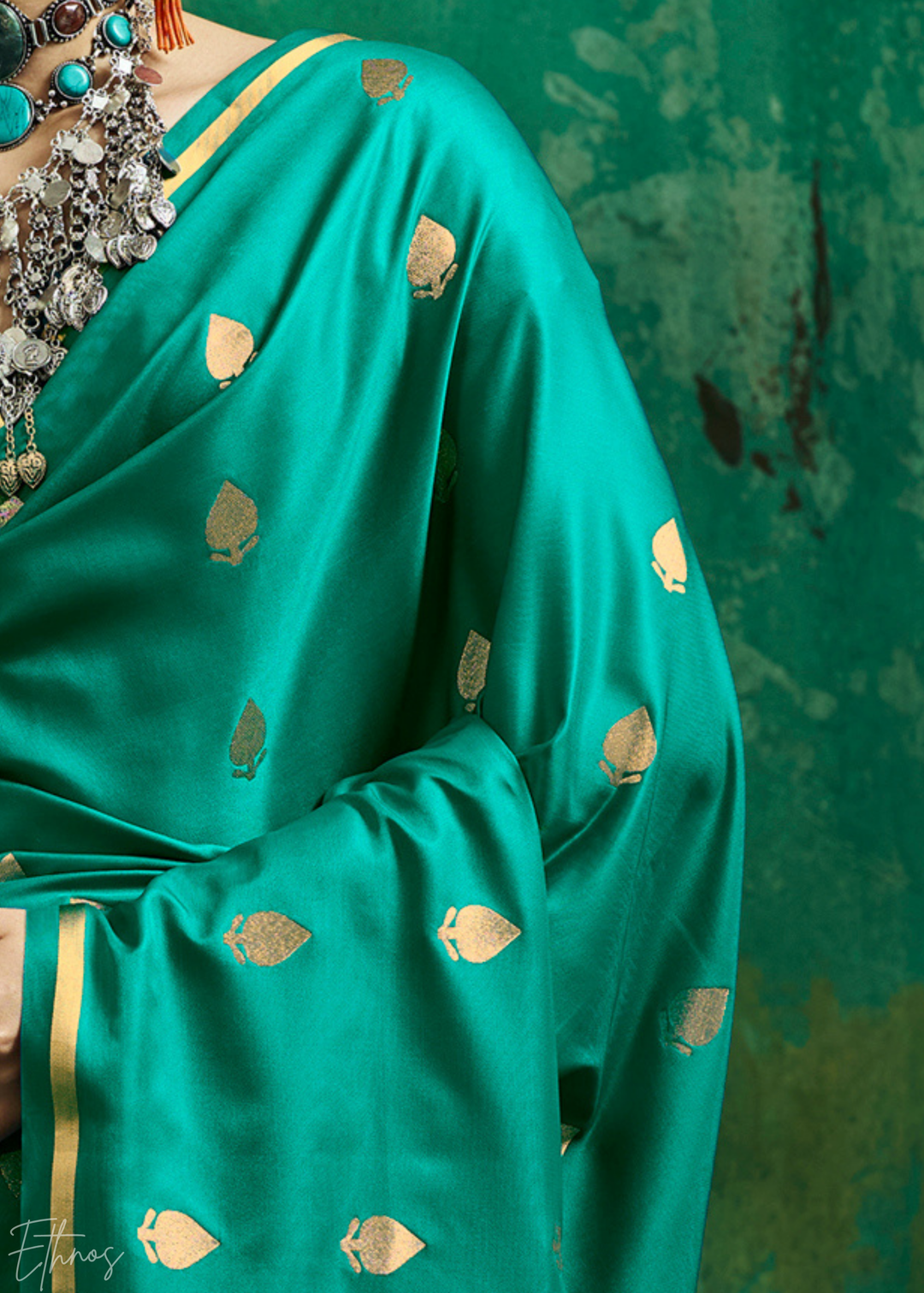 Emerald Green Leheriya Chevron Satin Saree