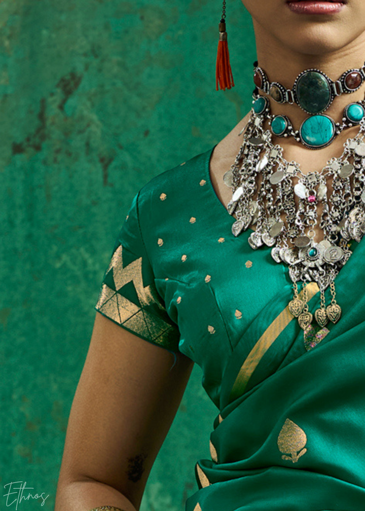 Emerald Green Leheriya Chevron Satin Saree