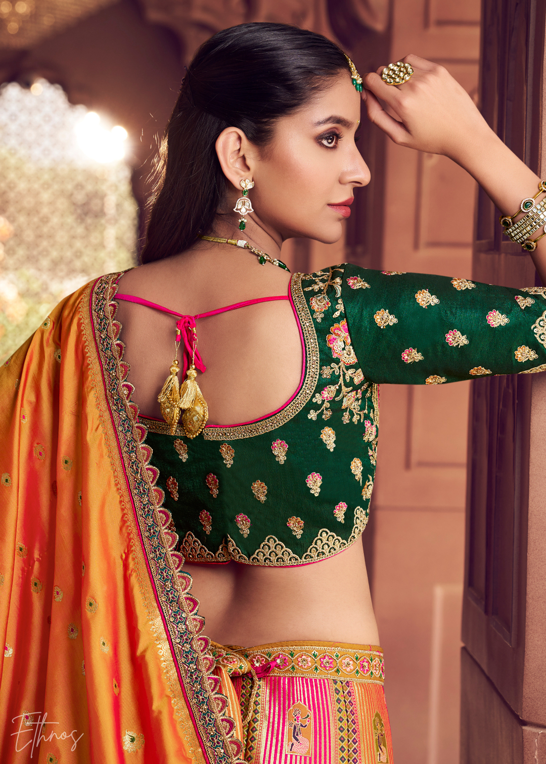 Emerald Green-Orange Banarasi Silk Lehenga