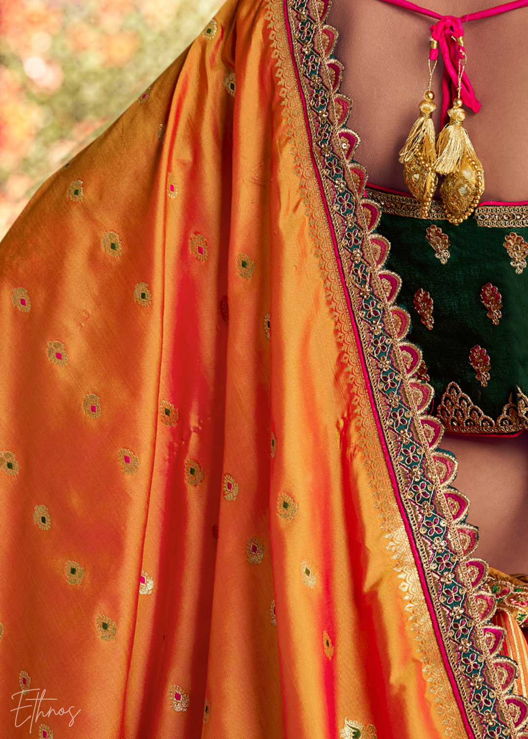 Emerald Green-Orange Banarasi Silk Lehenga