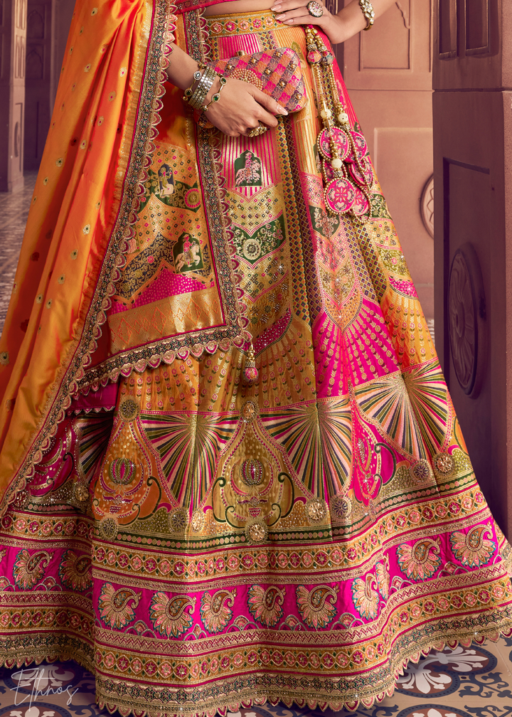 Emerald Green-Orange Banarasi Silk Lehenga