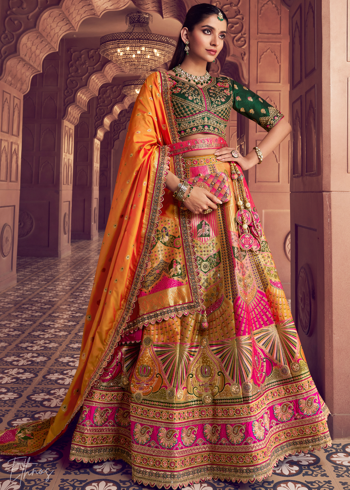 Emerald Green-Orange Banarasi Silk Lehenga