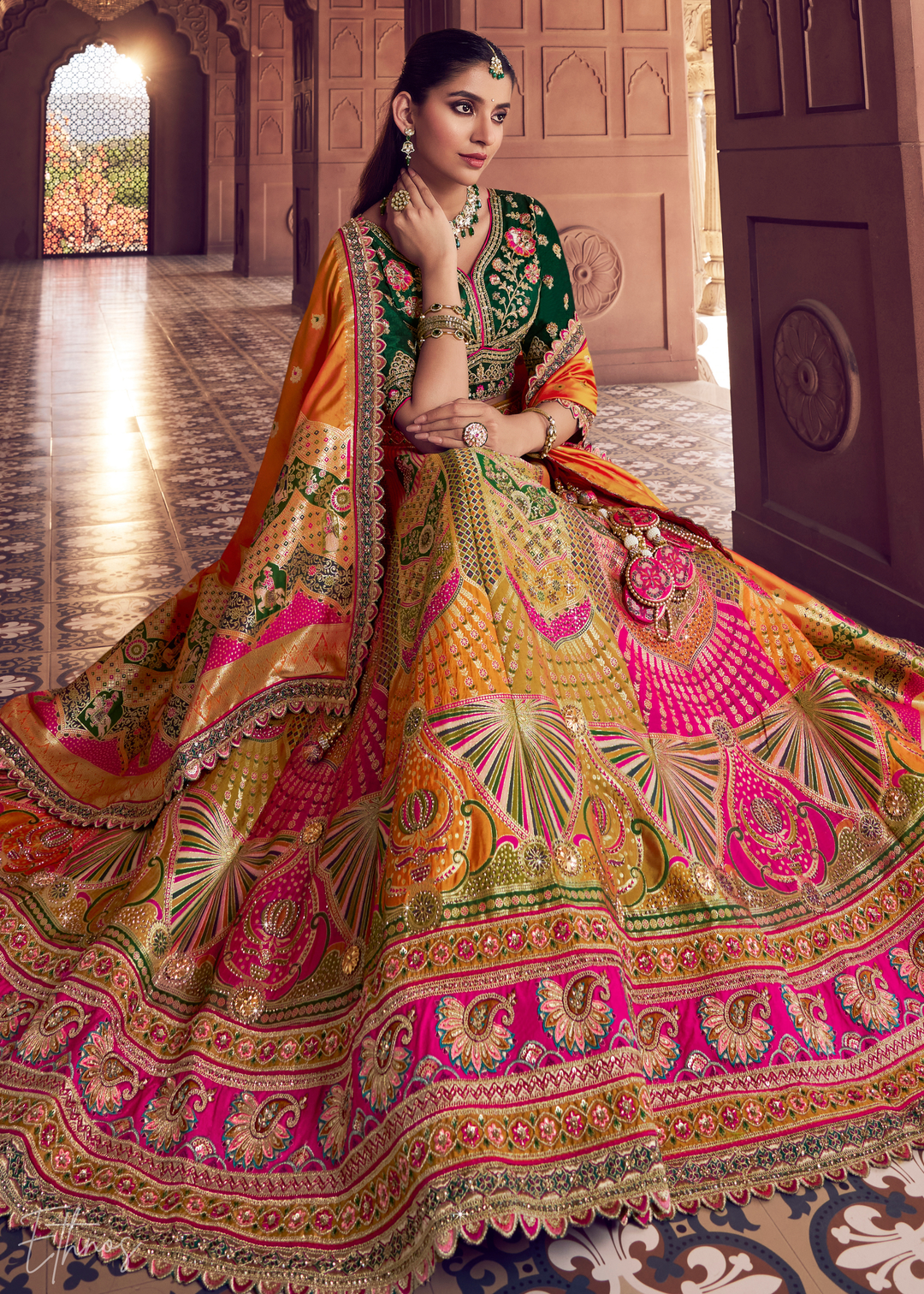 Emerald Green-Orange Banarasi Silk Lehenga