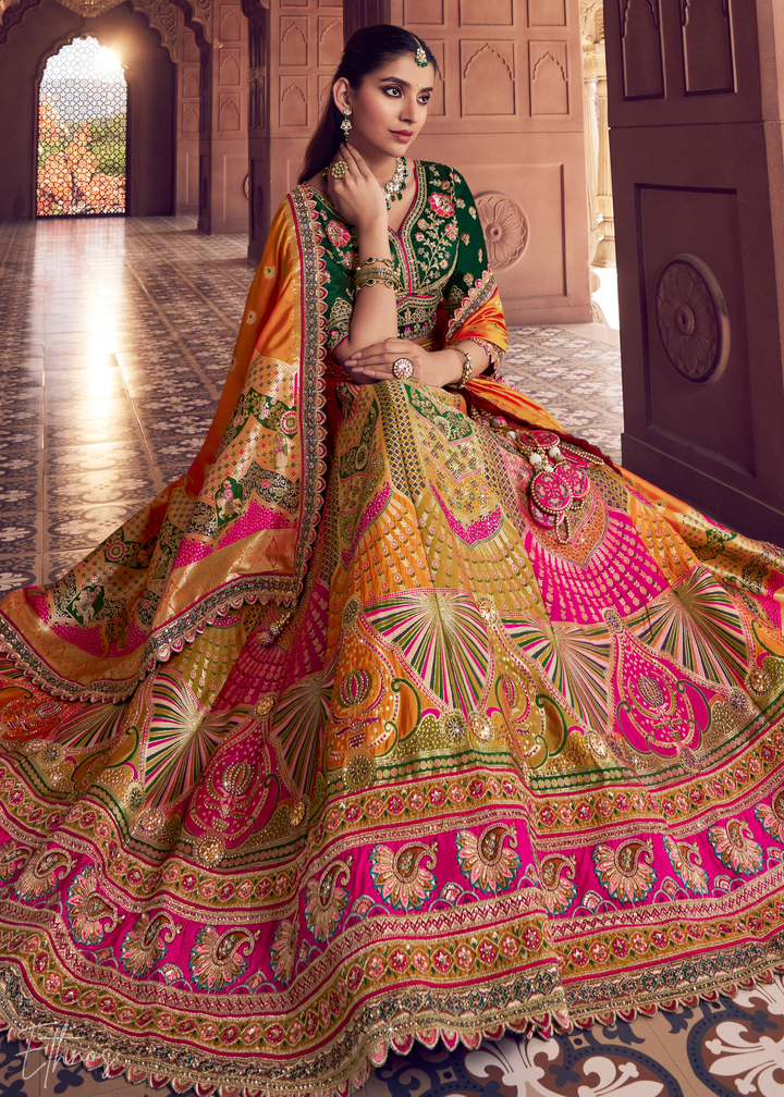 Emerald Green-Orange Banarasi Silk Lehenga