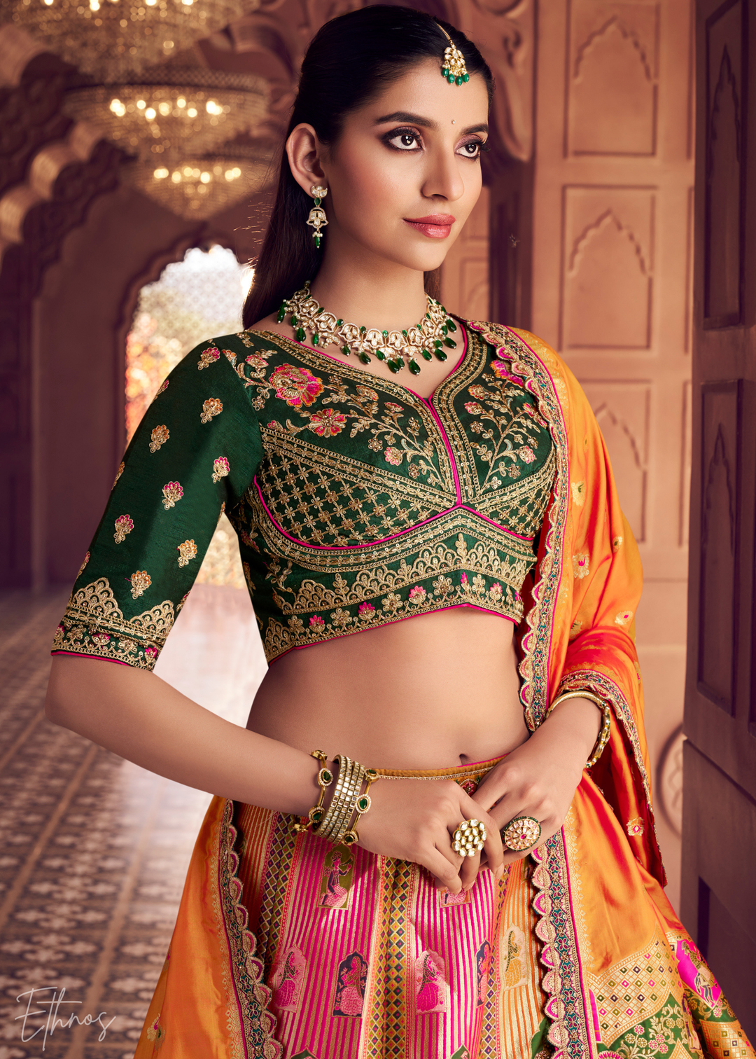 Emerald Green-Orange Banarasi Silk Lehenga