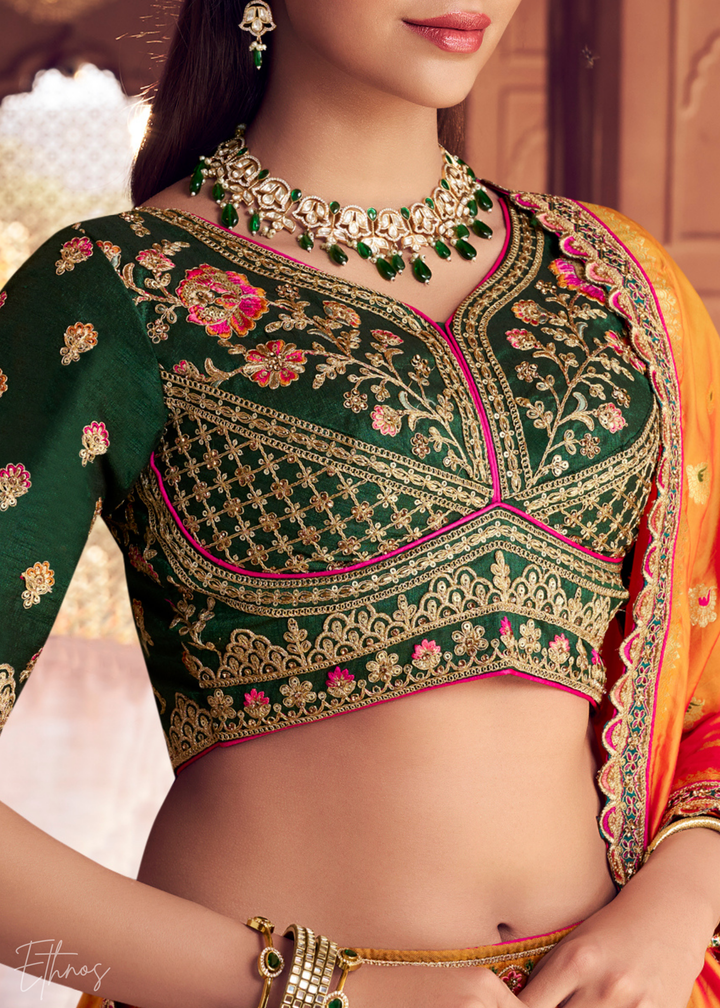 Emerald Green-Orange Banarasi Silk Lehenga