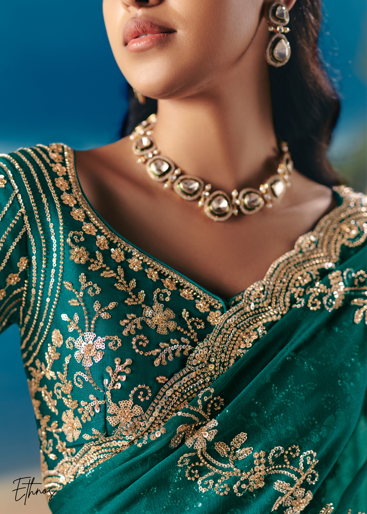 Emerald Green Sequins Organza Saree