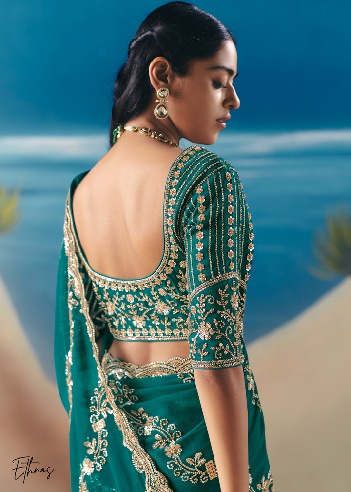 Emerald Green Sequins Organza Saree