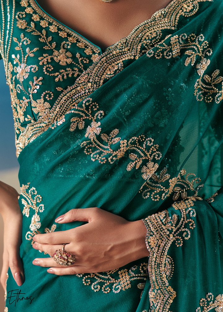 Emerald Green Sequins Organza Saree