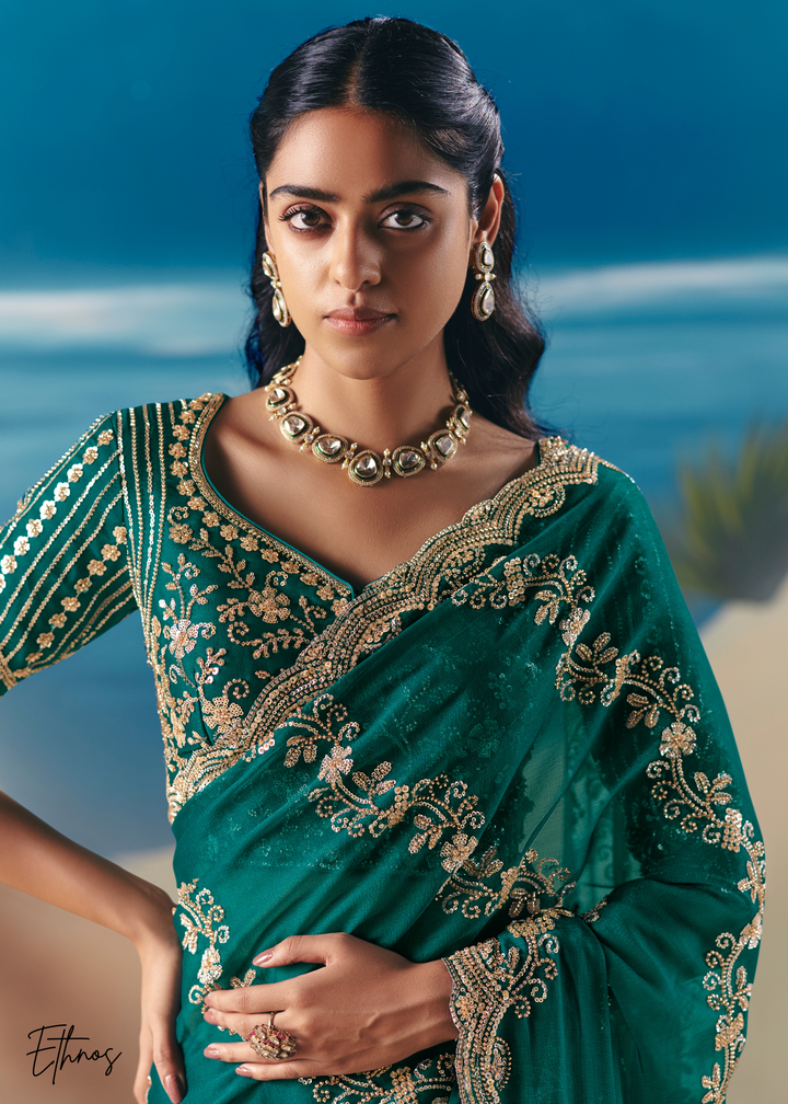 Emerald Green Sequins Organza Saree