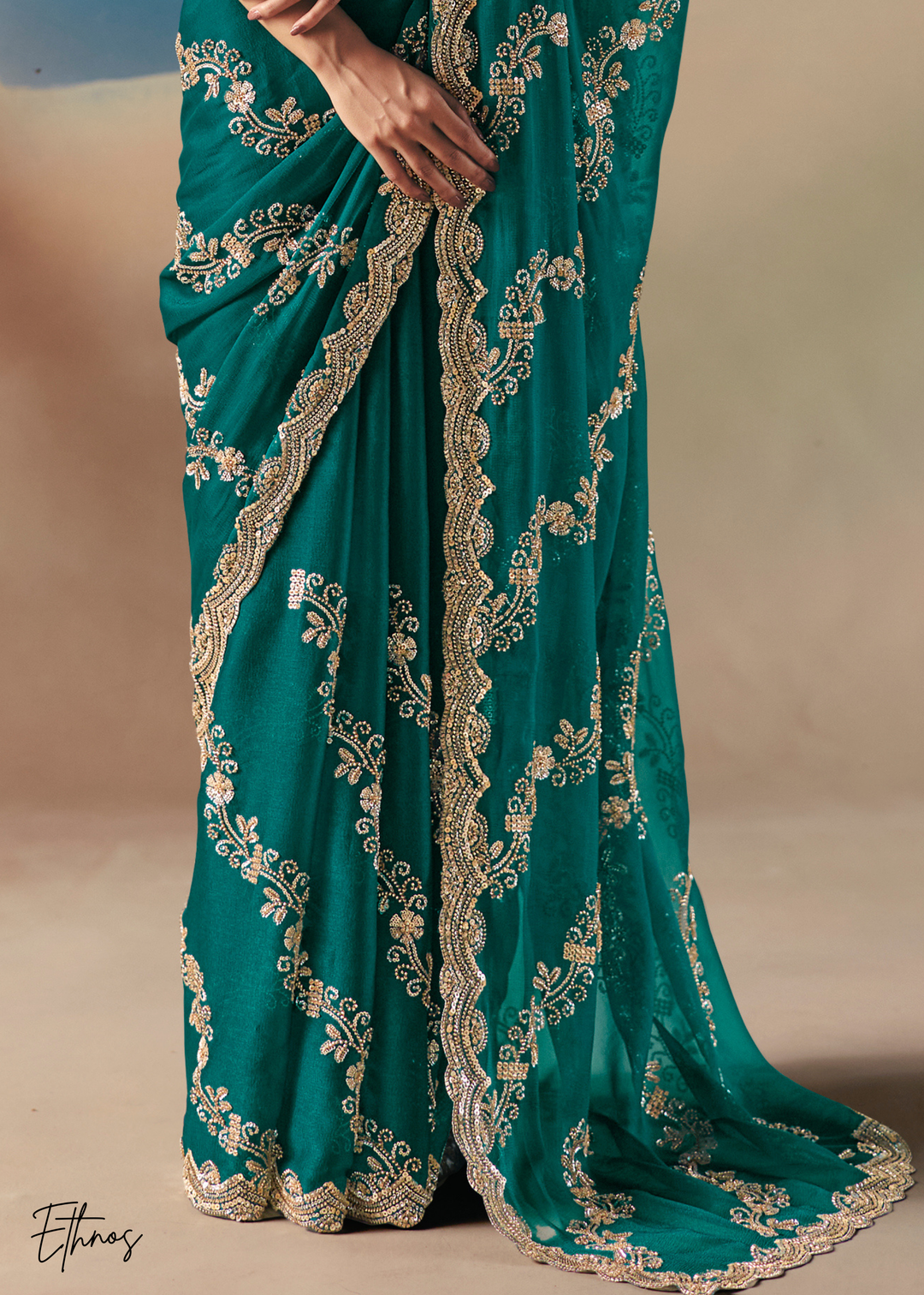 Emerald Green Sequins Organza Saree
