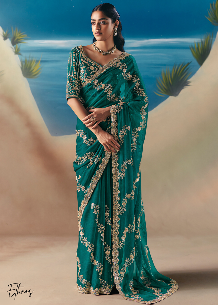 Emerald Green Sequins Organza Saree
