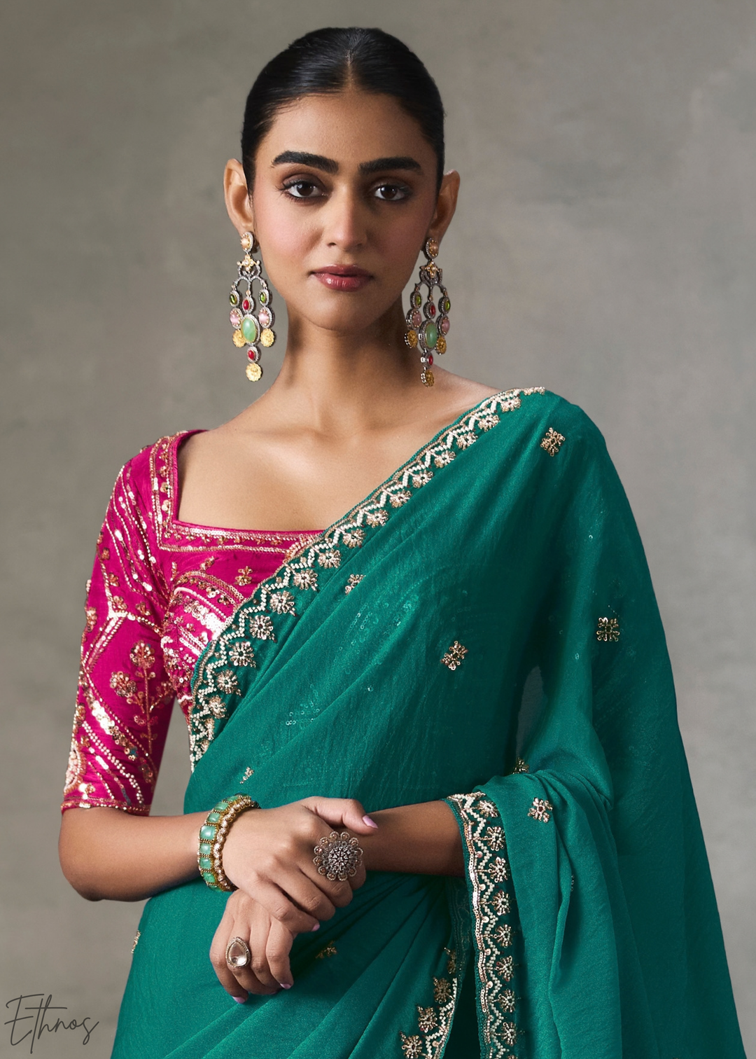 Emerald Floral Scallop Beaded Border Silk Saree