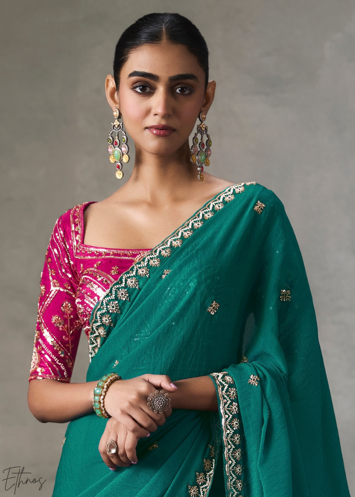 Emerald Floral Scallop Beaded Border Silk Saree