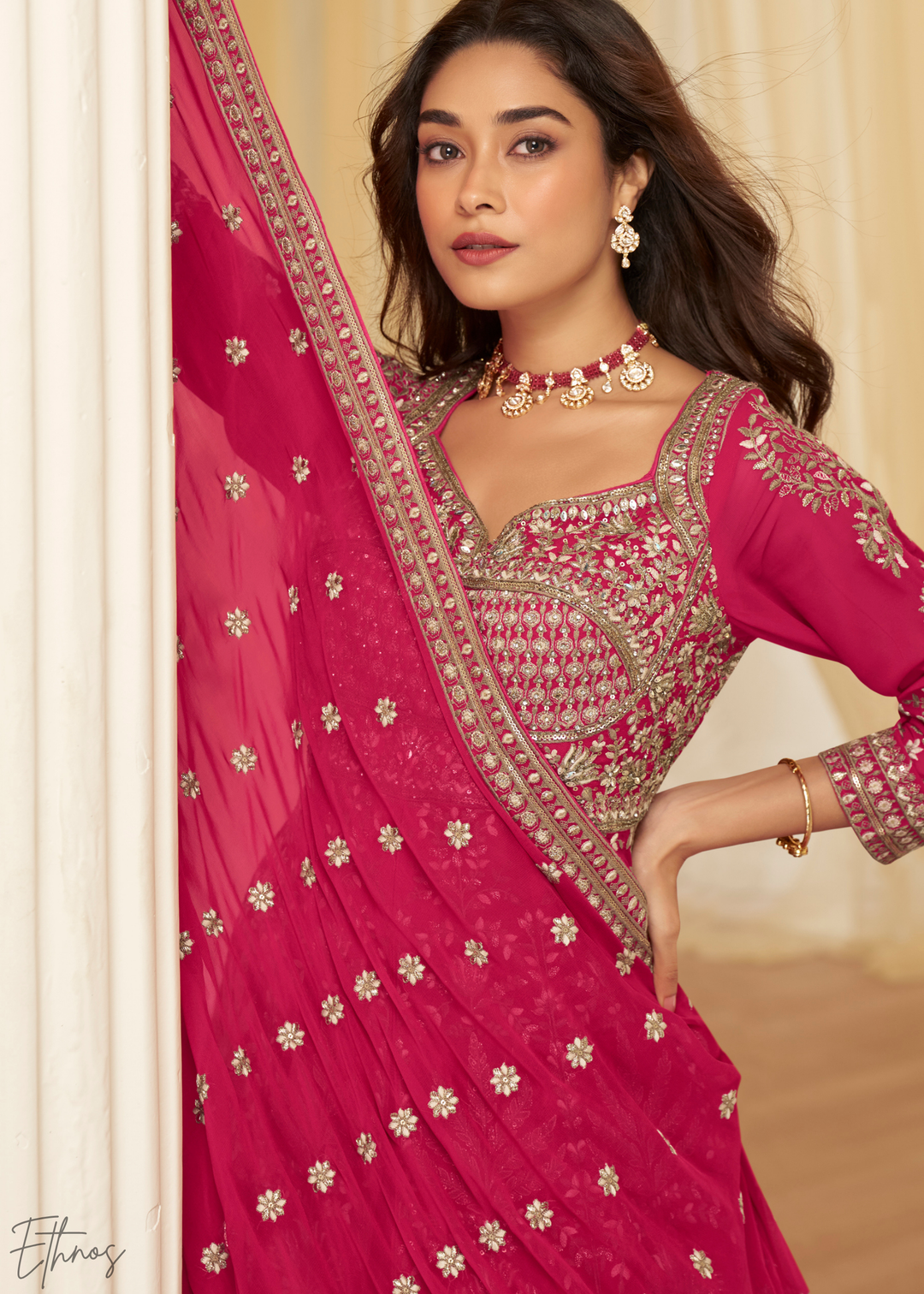Enchanted Peony Lattice-Embroidered Georgette Anarkali Skirt Set