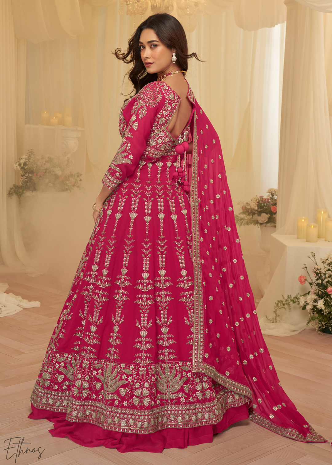 Enchanted Peony Lattice-Embroidered Georgette Anarkali Skirt Set