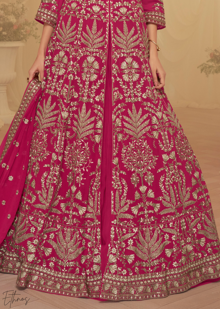 Enchanted Peony Lattice-Embroidered Georgette Anarkali Skirt Set